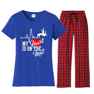 Funny My Heart Is Gift On The Mat Wrestling Mom Gift Women's Flannel Pajama Set