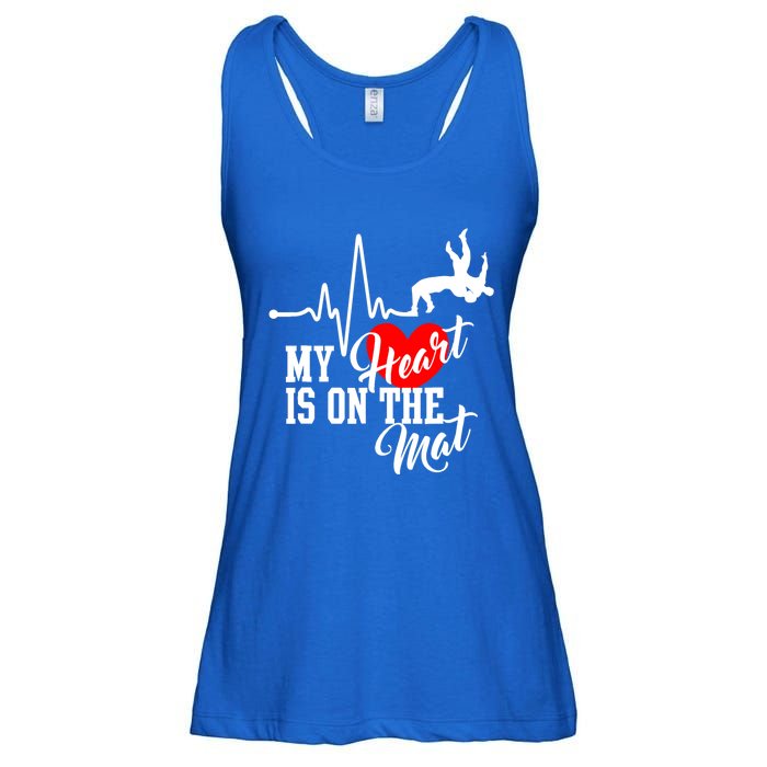 Funny My Heart Is Gift On The Mat Wrestling Mom Gift Ladies Essential Flowy Tank