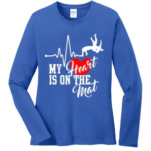 Funny My Heart Is Gift On The Mat Wrestling Mom Gift Ladies Long Sleeve Shirt