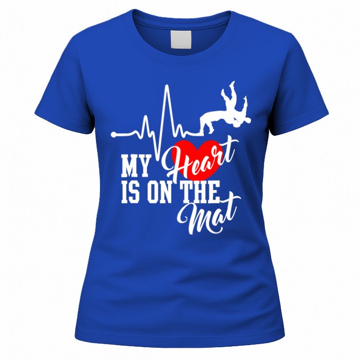 Funny My Heart Is Gift On The Mat Wrestling Mom Gift Women's T-Shirt