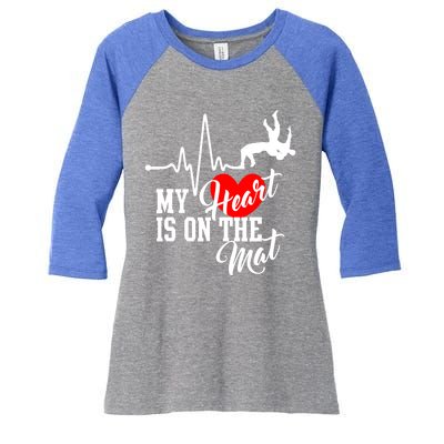 Funny My Heart Is Gift On The Mat Wrestling Mom Gift Women's Tri-Blend 3/4-Sleeve Raglan Shirt