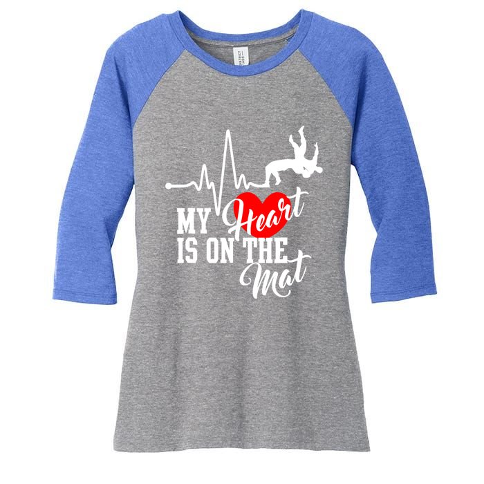 Funny My Heart Is Gift On The Mat Wrestling Mom Gift Women's Tri-Blend 3/4-Sleeve Raglan Shirt