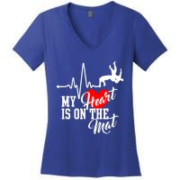 Funny My Heart Is Gift On The Mat Wrestling Mom Gift Women's V-Neck T-Shirt