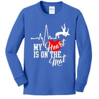 Funny My Heart Is Gift On The Mat Wrestling Mom Gift Kids Long Sleeve Shirt