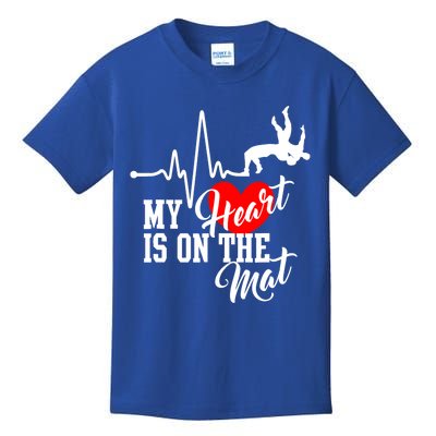 Funny My Heart Is Gift On The Mat Wrestling Mom Gift Kids T-Shirt