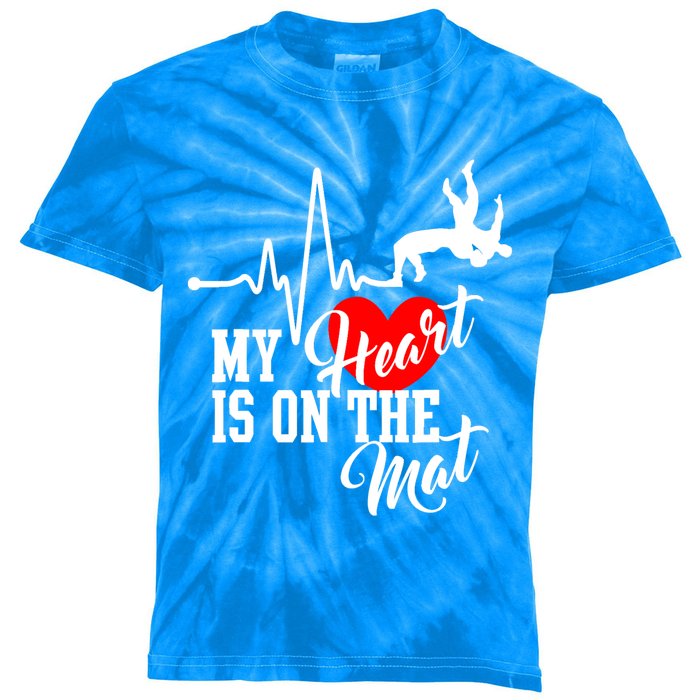 Funny My Heart Is Gift On The Mat Wrestling Mom Gift Kids Tie-Dye T-Shirt