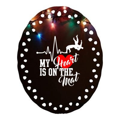 Funny My Heart Is Gift On The Mat Wrestling Mom Gift Ceramic Oval Ornament