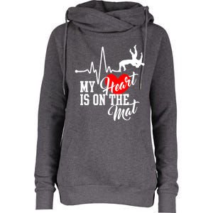 Funny My Heart Is Gift On The Mat Wrestling Mom Gift Womens Funnel Neck Pullover Hood