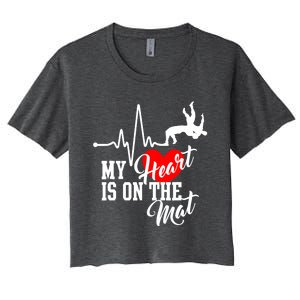 Funny My Heart Is Gift On The Mat Wrestling Mom Gift Women's Crop Top Tee