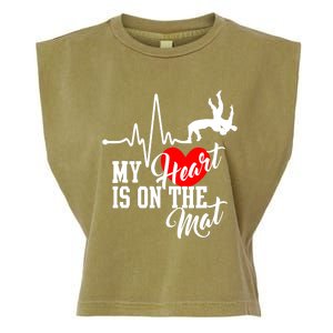 Funny My Heart Is Gift On The Mat Wrestling Mom Gift Garment-Dyed Women's Muscle Tee