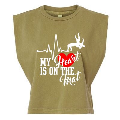 Funny My Heart Is Gift On The Mat Wrestling Mom Gift Garment-Dyed Women's Muscle Tee