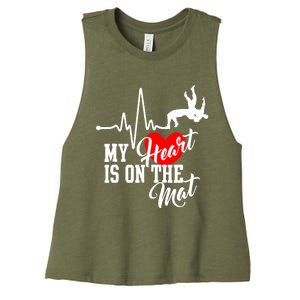 Funny My Heart Is Gift On The Mat Wrestling Mom Gift Women's Racerback Cropped Tank