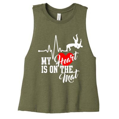 Funny My Heart Is Gift On The Mat Wrestling Mom Gift Women's Racerback Cropped Tank