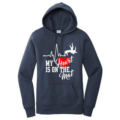 Funny My Heart Is Gift On The Mat Wrestling Mom Gift Women's Pullover Hoodie