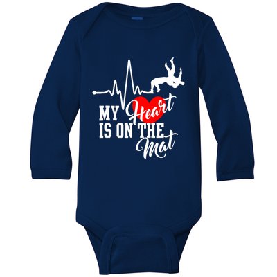 Funny My Heart Is Gift On The Mat Wrestling Mom Gift Baby Long Sleeve Bodysuit