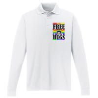 Free Mom Hugs Messy Bun LGBT Pride Month Rainbow Performance Long Sleeve Polo