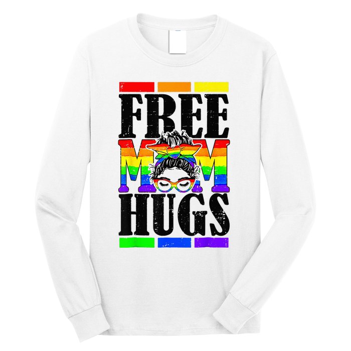 Free Mom Hugs Messy Bun LGBT Pride Month Rainbow Long Sleeve Shirt