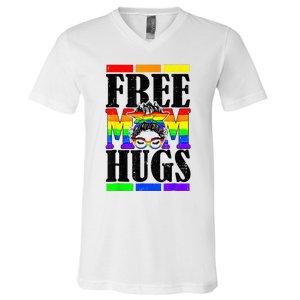 Free Mom Hugs Messy Bun LGBT Pride Month Rainbow V-Neck T-Shirt