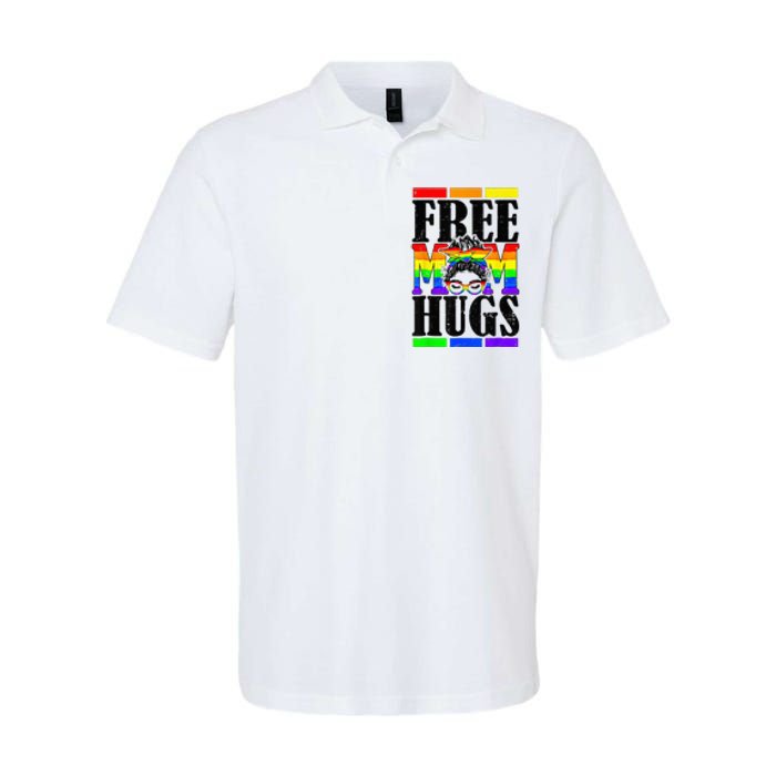 Free Mom Hugs Messy Bun LGBT Pride Month Rainbow Softstyle Adult Sport Polo