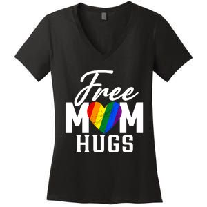 Free Mom Hugs Pride Rainbow Heart Graphic Women's V-Neck T-Shirt