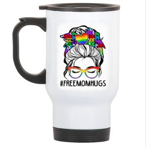 Free Mom Hugs Messy Bun Lgbt Pride Rainbow Cool Gift Stainless Steel Travel Mug