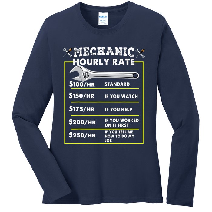 Funny Mechanic Hourly Rate Tee Labor Rates Ladies Long Sleeve Shirt