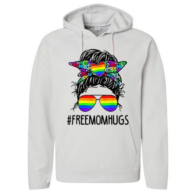 Free Mom Hugs Messy Bun LGBT Pride Rainbow Bleached Funny Performance Fleece Hoodie