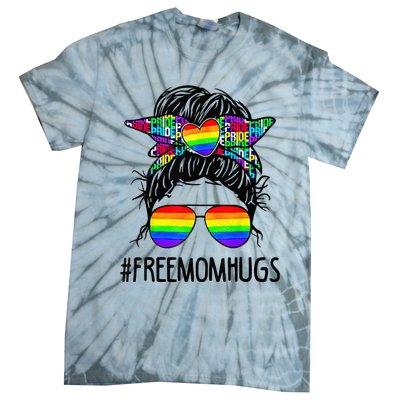 Free Mom Hugs Messy Bun LGBT Pride Rainbow Bleached Funny Tie-Dye T-Shirt