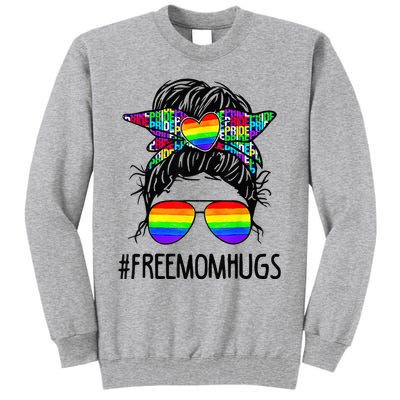 Free Mom Hugs Messy Bun LGBT Pride Rainbow Bleached Funny Tall Sweatshirt