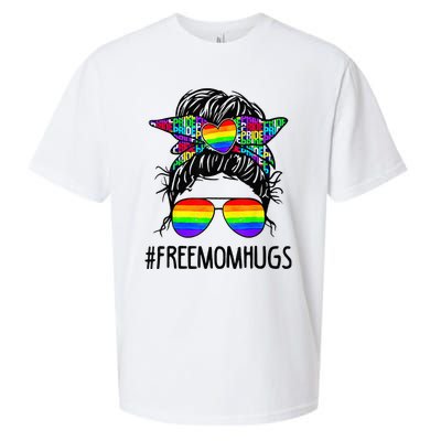 Free Mom Hugs Messy Bun LGBT Pride Rainbow Bleached Funny Sueded Cloud Jersey T-Shirt