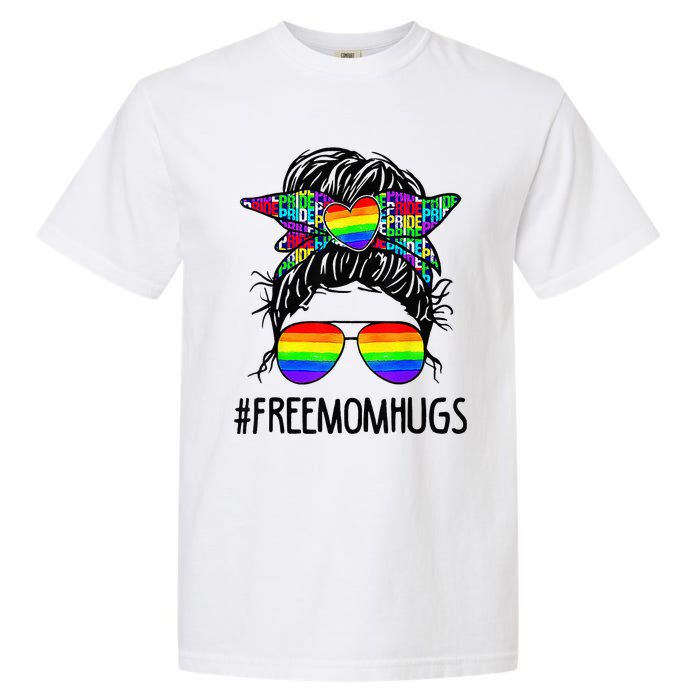 Free Mom Hugs Messy Bun LGBT Pride Rainbow Bleached Funny Garment-Dyed Heavyweight T-Shirt