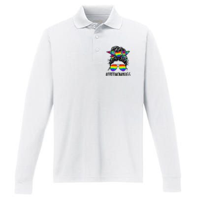 Free Mom Hugs Messy Bun LGBT Pride Rainbow Bleached Funny Performance Long Sleeve Polo