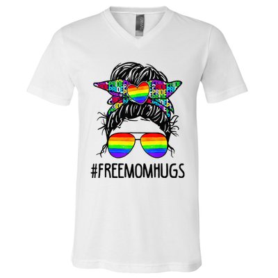 Free Mom Hugs Messy Bun LGBT Pride Rainbow Bleached Funny V-Neck T-Shirt