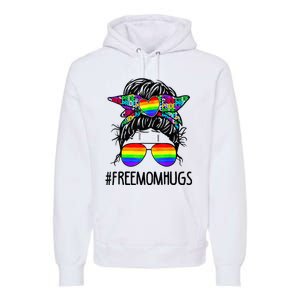 Free Mom Hugs Messy Bun LGBT Pride Rainbow Bleached Funny Premium Hoodie