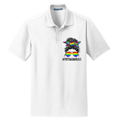 Free Mom Hugs Messy Bun LGBT Pride Rainbow Bleached Funny Dry Zone Grid Polo