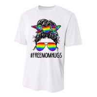 Free Mom Hugs Messy Bun LGBT Pride Rainbow Bleached Funny Performance Sprint T-Shirt