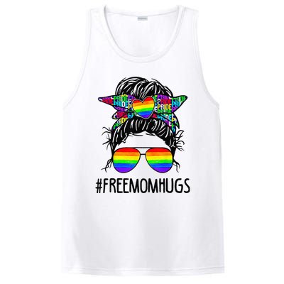 Free Mom Hugs Messy Bun LGBT Pride Rainbow Bleached Funny PosiCharge Competitor Tank