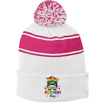 Free Mom Hugs Free Mom Hugs Inclusive Pride LGBTQIA Stripe Pom Pom Beanie