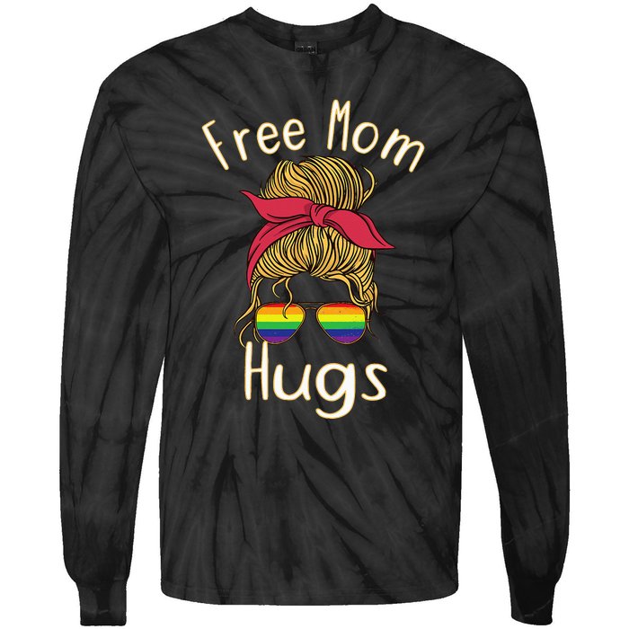 Free Mom Hugs Messy Bun LGBT Pride Rainbow Tie-Dye Long Sleeve Shirt