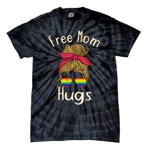 Free Mom Hugs Messy Bun LGBT Pride Rainbow Tie-Dye T-Shirt