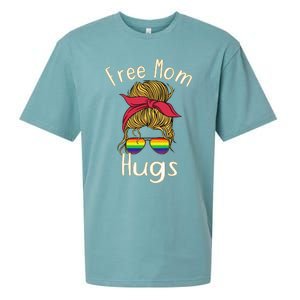 Free Mom Hugs Messy Bun LGBT Pride Rainbow Sueded Cloud Jersey T-Shirt