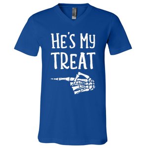 Funny matching he's my treat couples costume halloween hers V-Neck T-Shirt