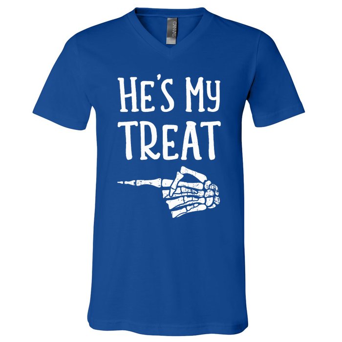 Funny matching he's my treat couples costume halloween hers V-Neck T-Shirt