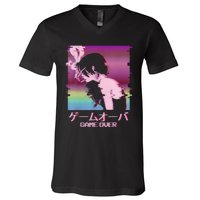 Japanese Vaporwave Sad Anime Girl Game Over Indie Aesthetic V-Neck T-Shirt