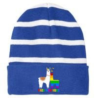 Free Mom Hugs Rainbow Heart Mama Llama Lgbt Pride Month Gift Striped Beanie with Solid Band