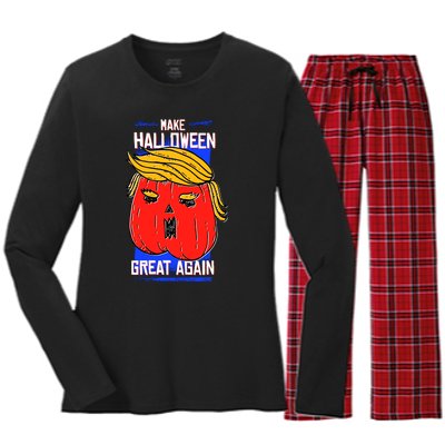 Funny Make Halloween Great Again Trump Pumpkin Women's Long Sleeve Flannel Pajama Set 