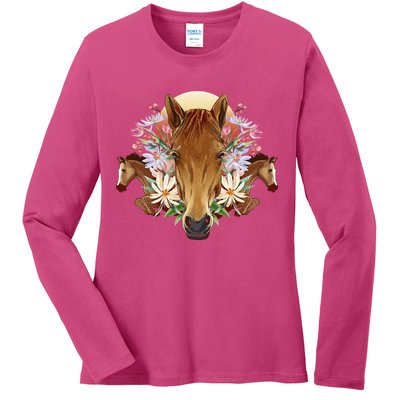 Floral Multi Horse Ladies Long Sleeve Shirt