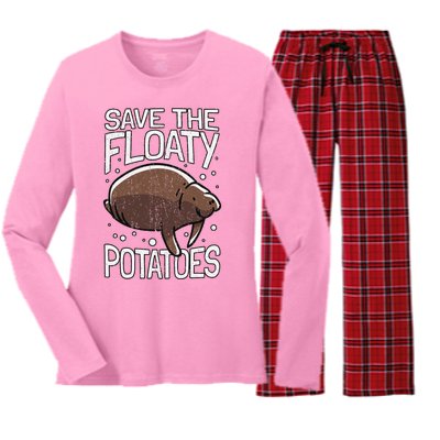 Funny Manatee I Save The Floaty Potatoes I Manatee Women's Long Sleeve Flannel Pajama Set 