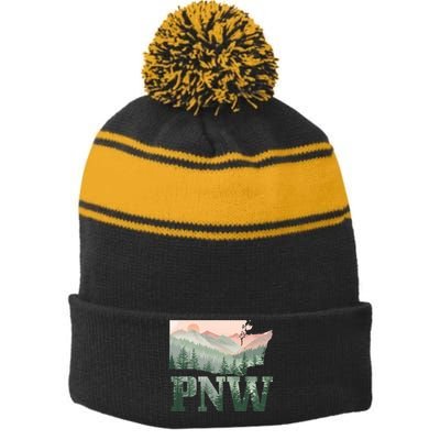 Funny Mountains Idaho Oregon Washington Gift Pnw Pacific Northwest Stripe Pom Pom Beanie