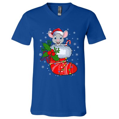 Funny Mouse In Christmas Socks Santa Mouse Xmas Gift V-Neck T-Shirt